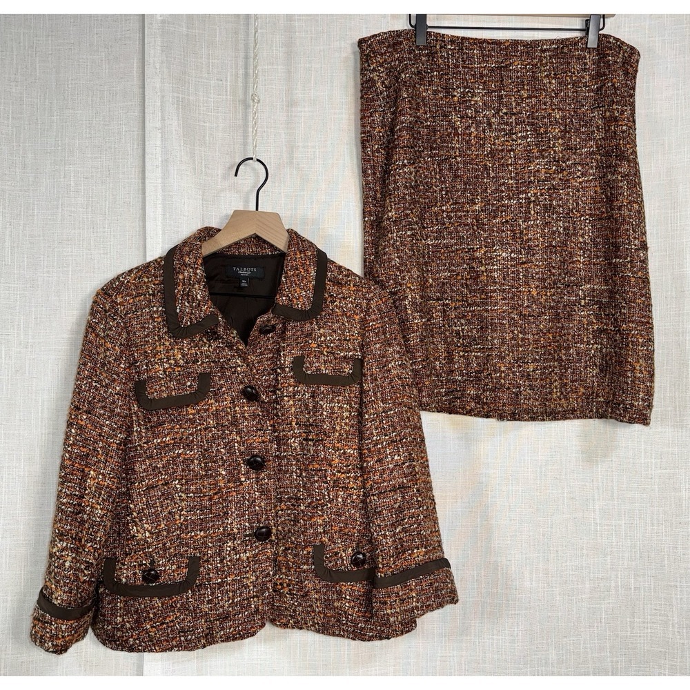 Talbots Women's 16 16P Tweed Suit Set Jacket Skirt Wool‎ Textured Career